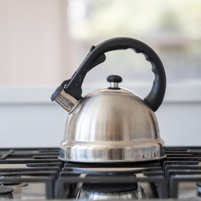 Stainless steel stovetop kettle on a gas hob